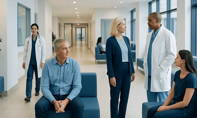 Medical team consulting with patient in hospital corridor.