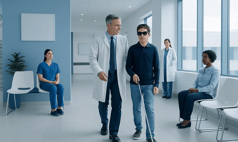 Doctor assisting visually impaired patient in hospital corridor.