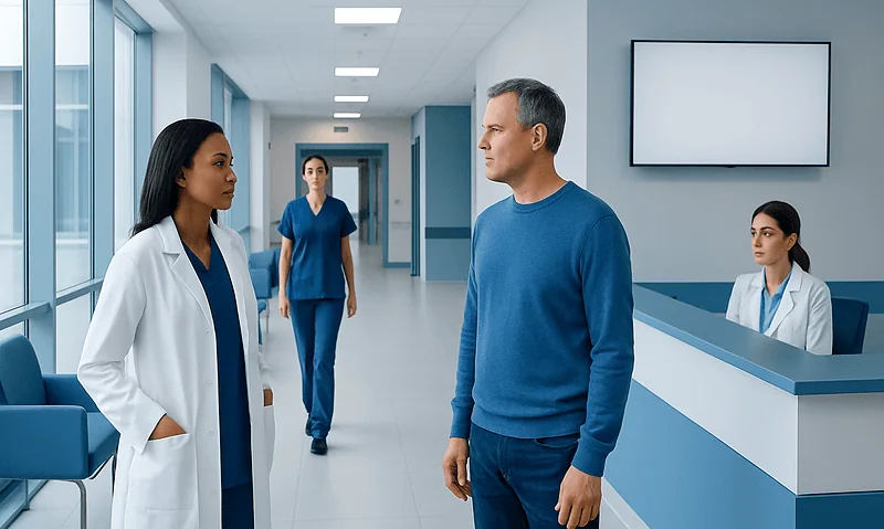 Doctor and patient having a discussion in a hospital corridor.