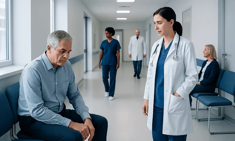 Doctor consulting with an elderly patient in a hospital corridor.