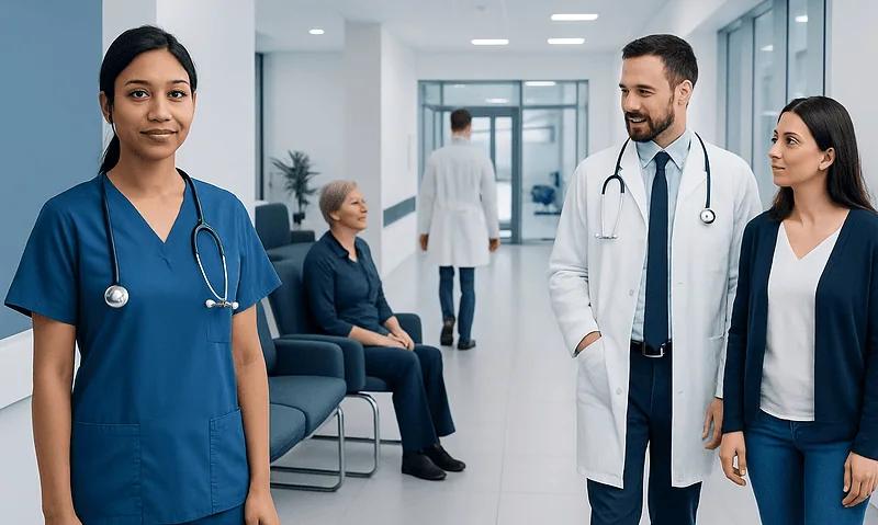 Healthcare professionals and patients in a modern hospital corridor.
