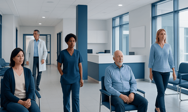 Patients and healthcare professionals in a modern hospital waiting area.