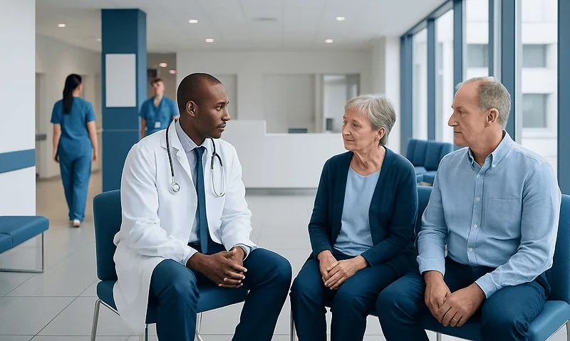 Doctor consulting with elderly patients in hospital waiting area.