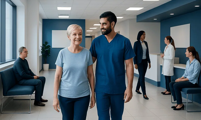 Friendly nurse walking with elderly patient in hospital corridor.