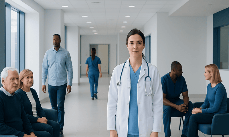 Healthcare professionals and patients in a hospital corridor.