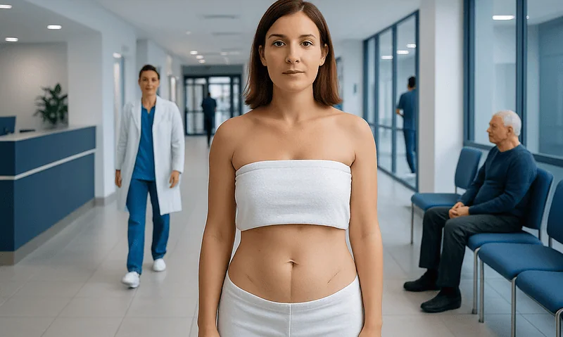 Liposuction Scars: A Complete Medical Overview 5 Young woman waiting in hospital corridor after liposuction procedure.