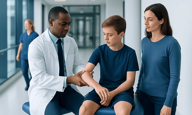 Doctor examining a young boy's arm in a hospital corridor.