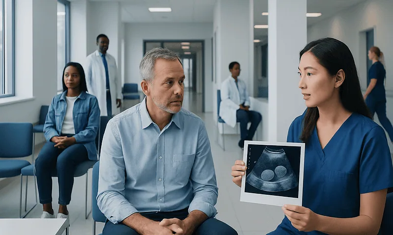 Doctor explaining ultrasound results to patient in hospital corridor.