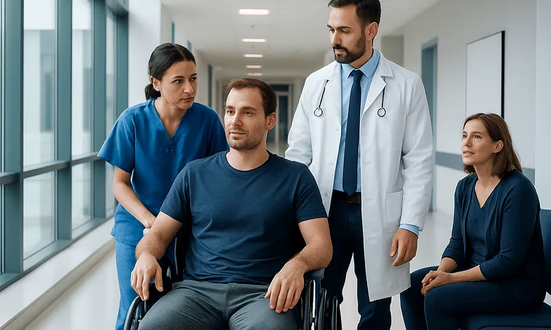 Medical team caring for a patient in a hospital corridor.
