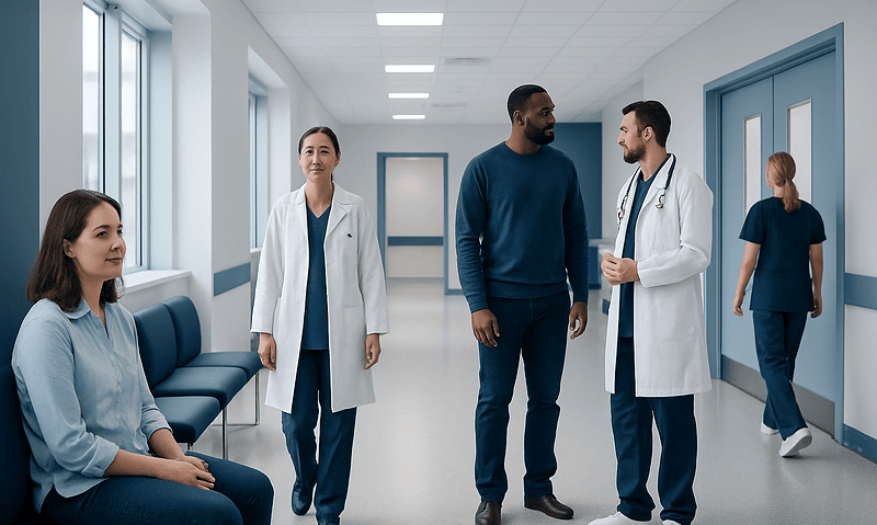 Medical team in hospital corridor with patients and staff.
