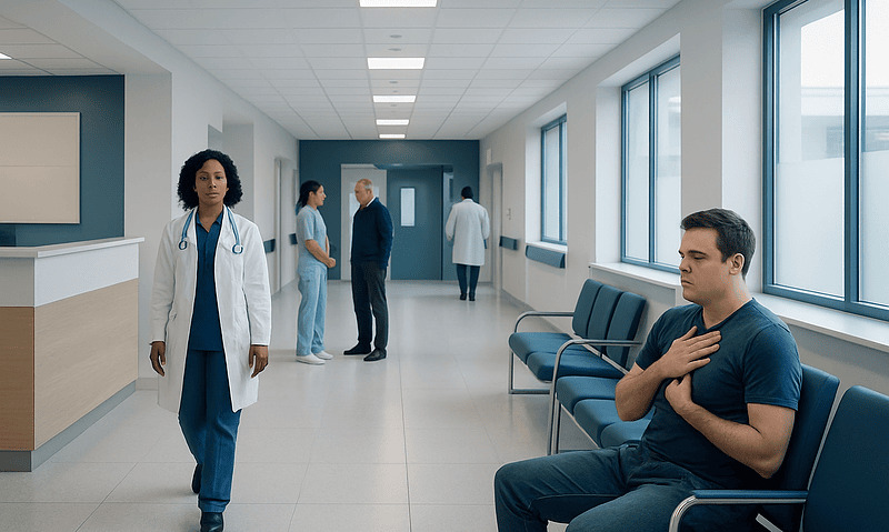 Patient experiencing breath-holding episode in hospital corridor.