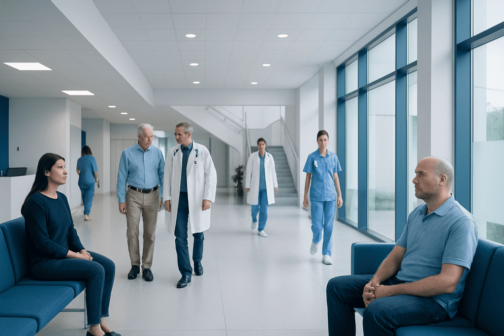 Long-Term Side Effects of Proton Therapy for Prostate Cancer: What to Expect and How to Manage 1 Patients and doctors in a modern hospital corridor.