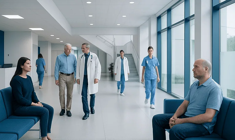 Patients and doctors in a modern hospital corridor.