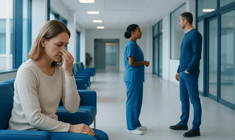 Patient experiencing loss of taste and smell in a hospital corridor.