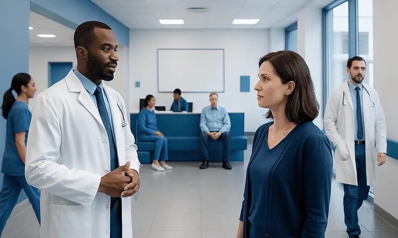 Medical professionals discussing patient care in a hospital corridor.