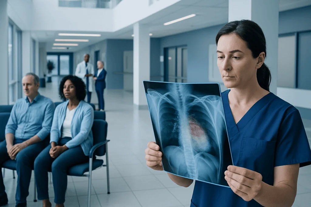 Lung Cancer Xray Pictures: Preparation, Procedure and Results 1 Healthcare professional examining a chest X-ray in a hospital setting.