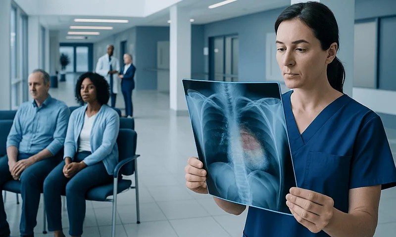 Lung Cancer Xray Pictures: Preparation, Procedure and Results 4 Healthcare professional examining a chest X-ray in a hospital setting.