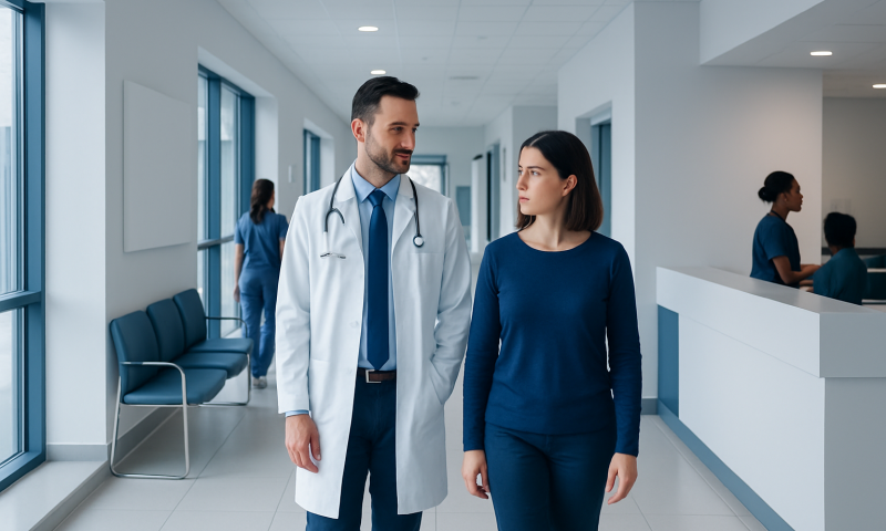 Doctor talking to a patient in a modern hospital corridor.