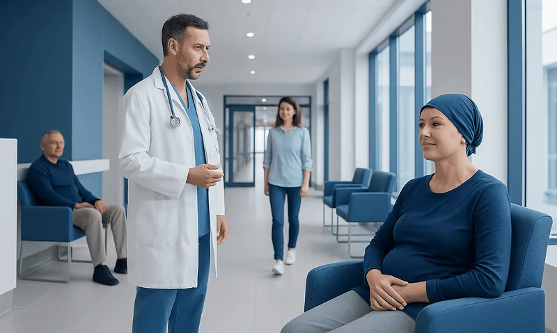 Doctor consulting a patient in a hospital corridor with other patients nearby.