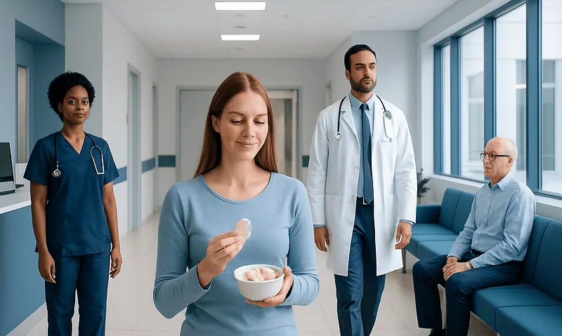 Young woman eating a snack in a hospital corridor with medical staff and patient.