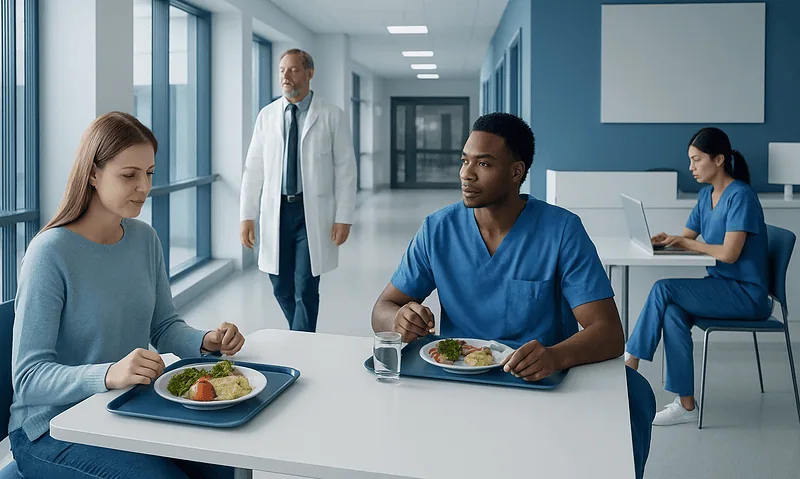 Patients in hospital cafeteria with medical staff in background.