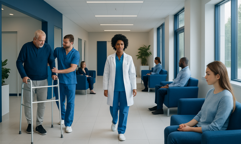 Patients and healthcare professionals in a modern hospital waiting area.