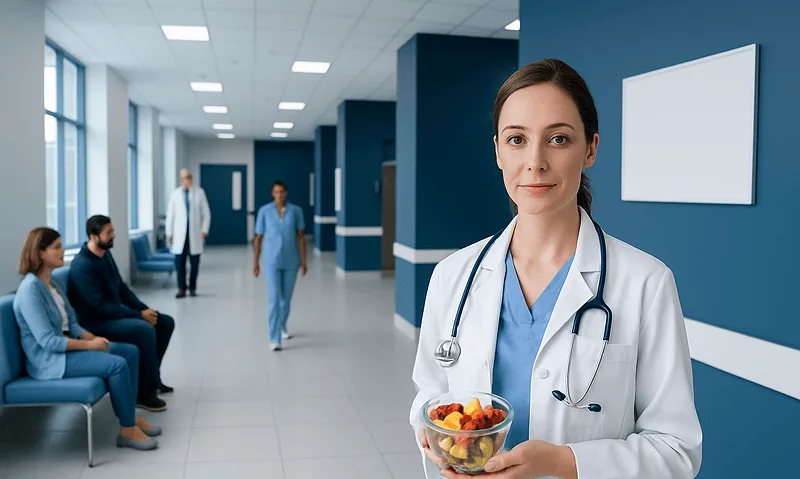 Female doctor holding a bowl of fresh fruit in hospital corridor.