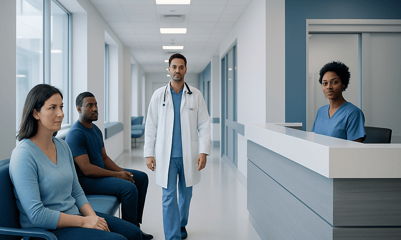 Medical team consulting with patients in a hospital corridor.
