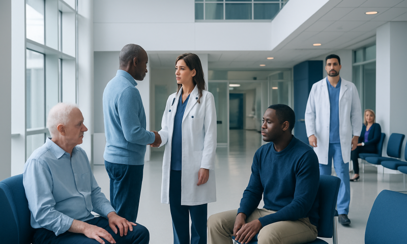 Medical consultation in hospital with doctors and patients.