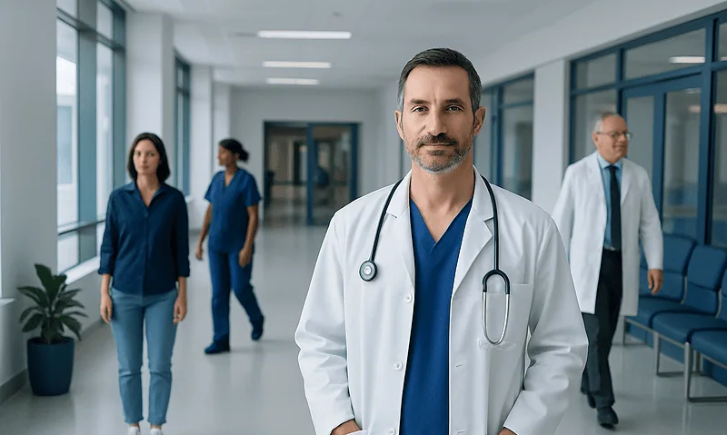 Experienced spine surgeon in hospital corridor with medical team and staff.