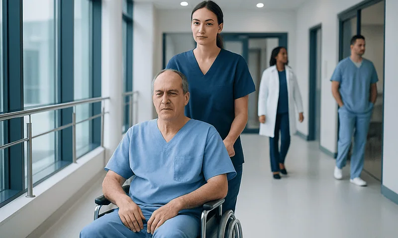Hospital staff assisting a patient in a wheelchair in a modern corridor.