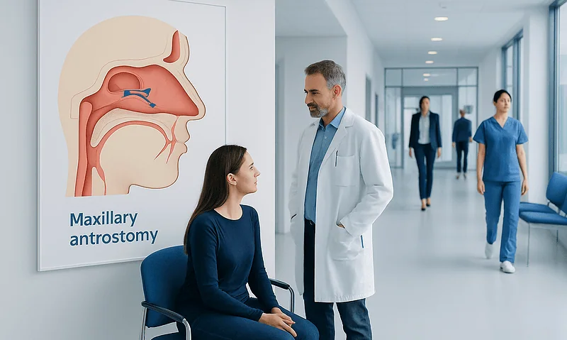 Doctor discussing maxillary antrostomy with patient in hospital corridor.