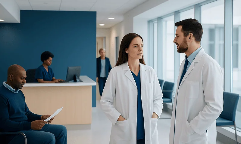 Doctors discussing patient care in a modern hospital corridor.