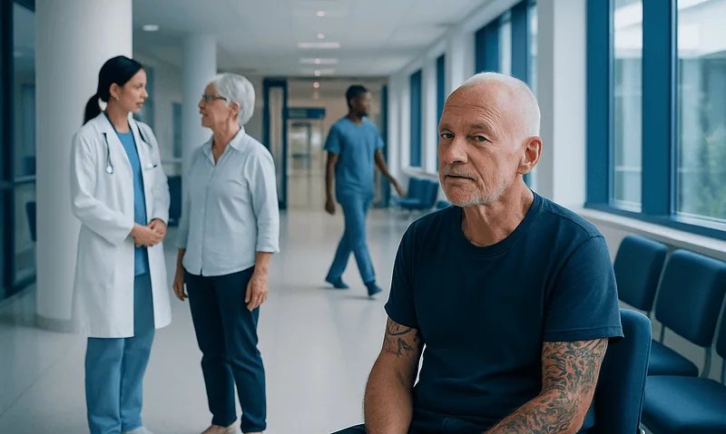 Elderly man with tattoos waiting in hospital corridor with medical staff.