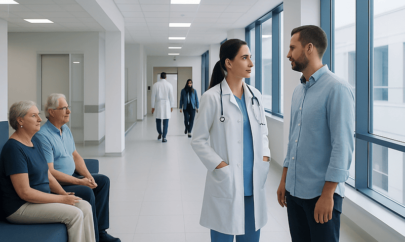 Healthcare professionals and patients in a modern hospital corridor in Turkey.
