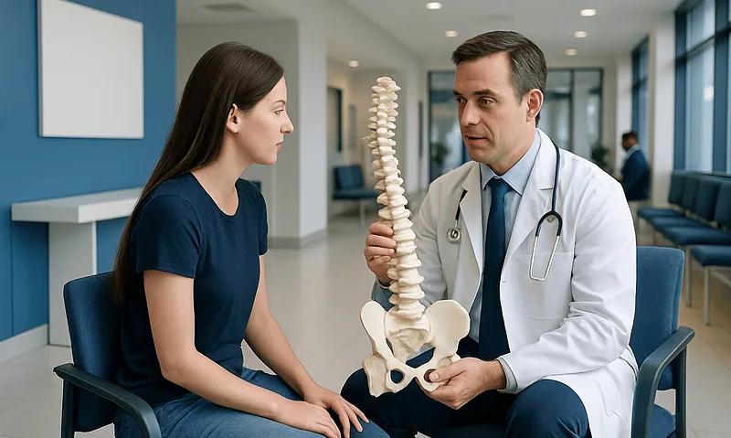 Doctor explaining spinal model to patient in hospital corridor.