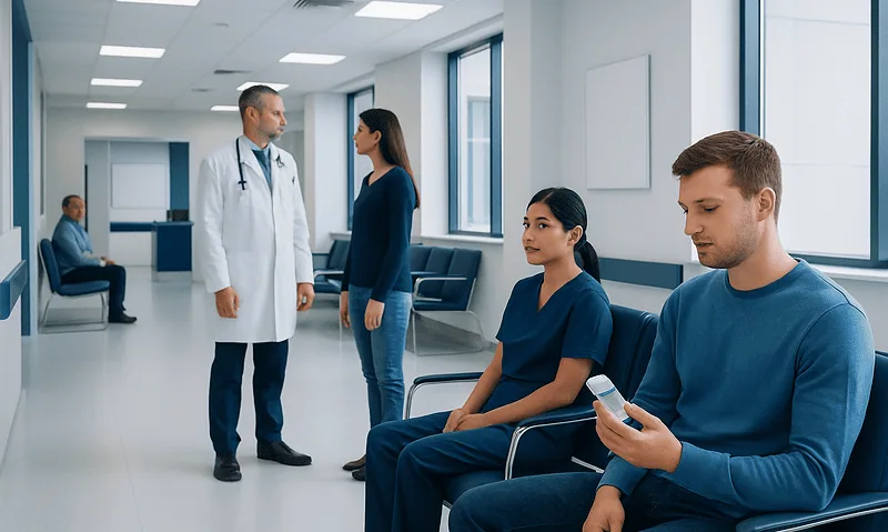 Doctor consulting with patients in a hospital corridor.