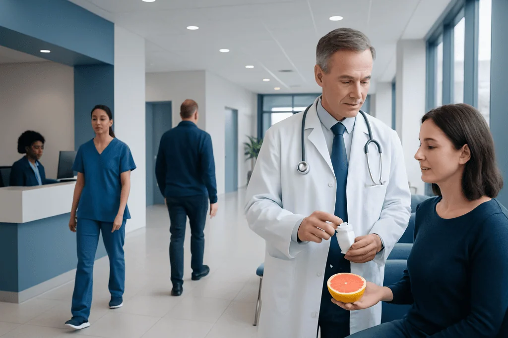 What Medications Grapefruit Interacts with? A Doctor-Reviewed Answer 1 Doctor explaining grapefruit interaction to patient in hospital corridor.