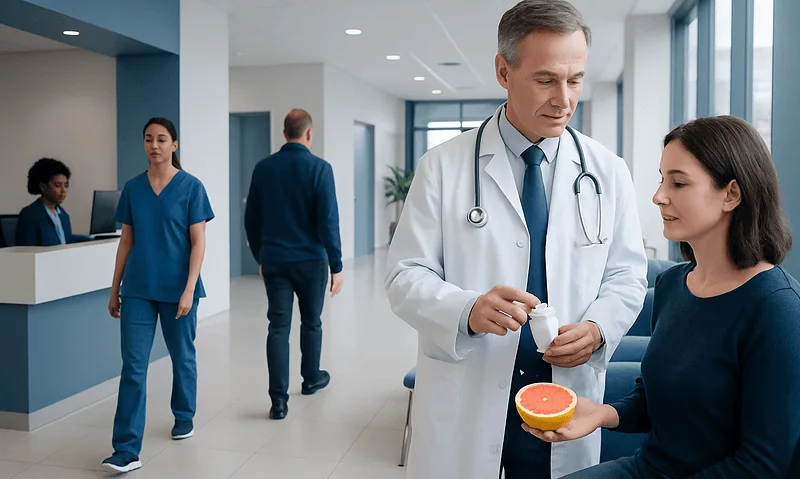 Doctor explaining grapefruit interaction to patient in hospital corridor.