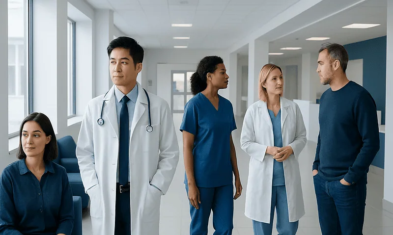 Mediums: An Evidence-Based Guide for Patients 6 Medical team in hospital corridor discussing patient care.