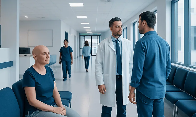Medical professionals discussing patient care in hospital corridor.