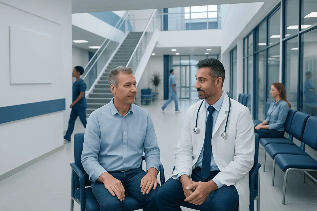 Men's Hormone Treatment: How It Works, Results and What to Expect 1 Doctor consulting with male patient in hospital lobby.