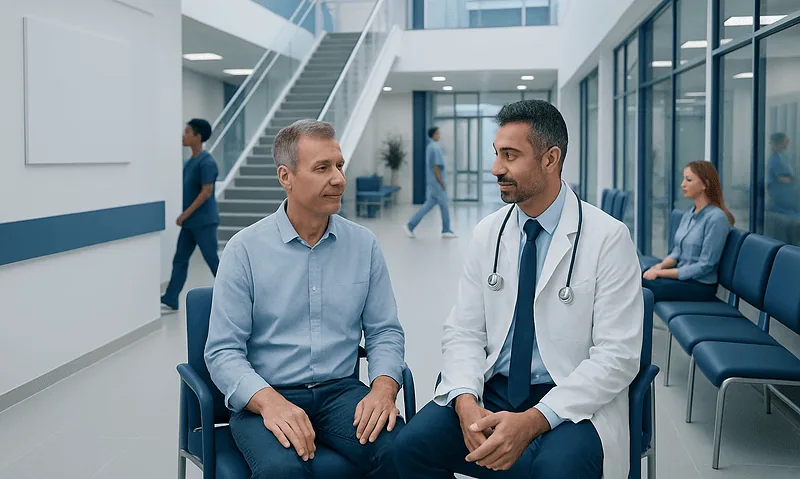 Doctor consulting with male patient in hospital lobby.
