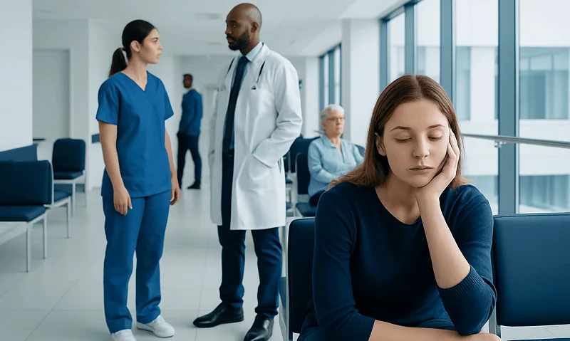 Young woman appears stressed in a hospital waiting area with medical staff nearby.