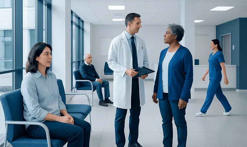 Medical professionals and patients in a hospital corridor.