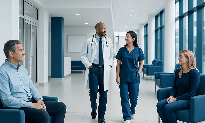 Mesenteric: What Patients Need to Know 16 Medical team consulting patients in a modern hospital corridor.