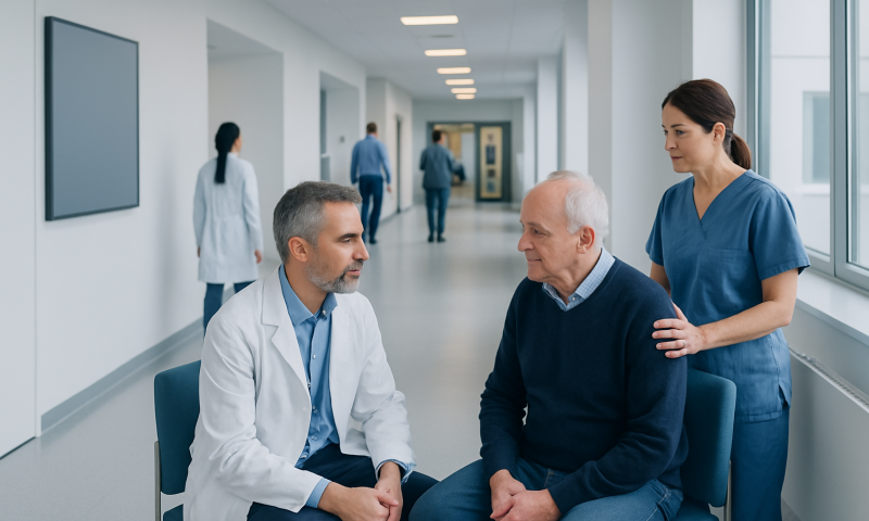 Doctor consulting with elderly patient in hospital corridor.