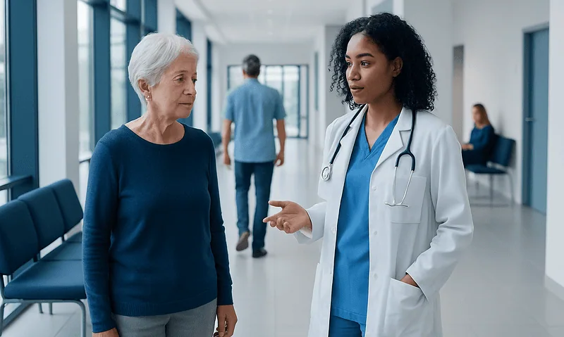 Doctor consulting with elderly patient in hospital corridor.