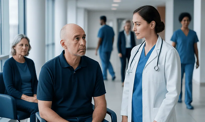 Doctor consulting with a patient in a hospital corridor.
