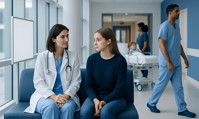 Doctor consulting young patient in hospital corridor.